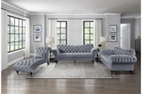 Side view of Rosalie dark gray velvet tufted loveseat