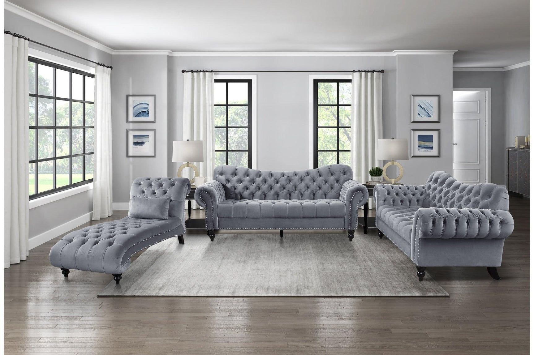 Side view of Rosalie dark gray velvet tufted loveseat