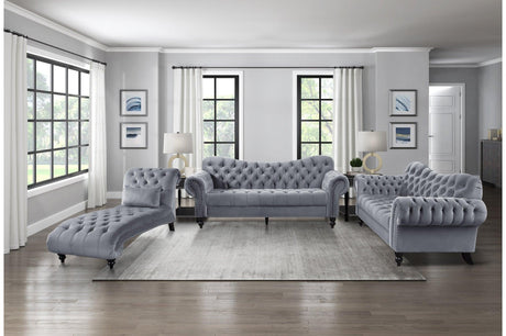 Side view of Rosalie dark gray velvet tufted loveseat