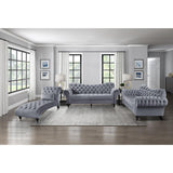 Rosalie dark gray velvet tufted sofa angled side view