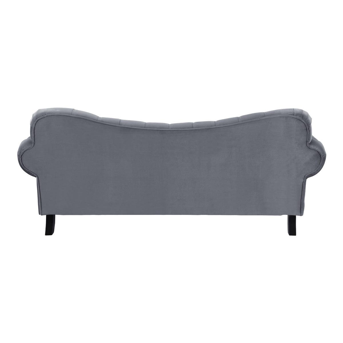 Rosalie dark gray velvet tufted sofa detailed fabric close-up