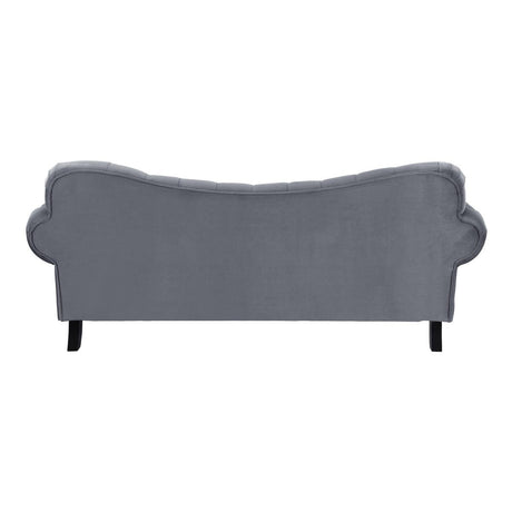 Rosalie dark gray velvet tufted sofa detailed fabric close-up