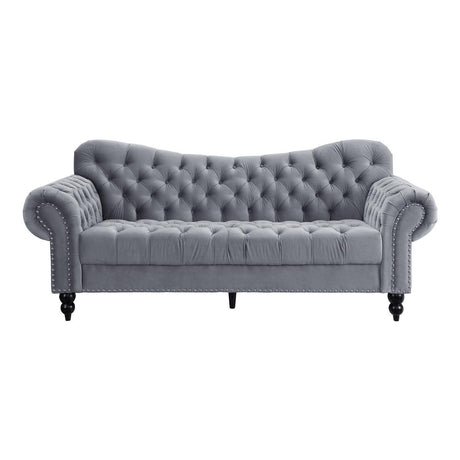 Rosalie dark gray velvet tufted sofa front view