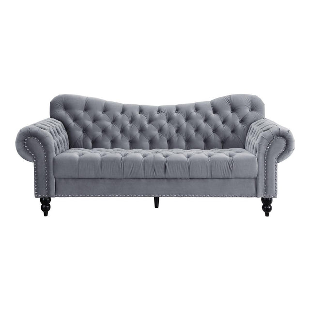 Rosalie dark gray velvet tufted sofa front view