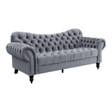 Rosalie dark gray velvet tufted sofa side view