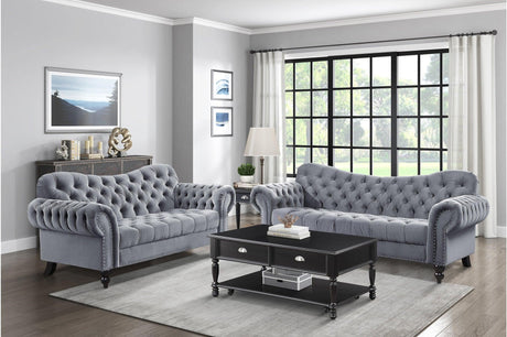 Rosalie dark gray velvet tufted sofa front view