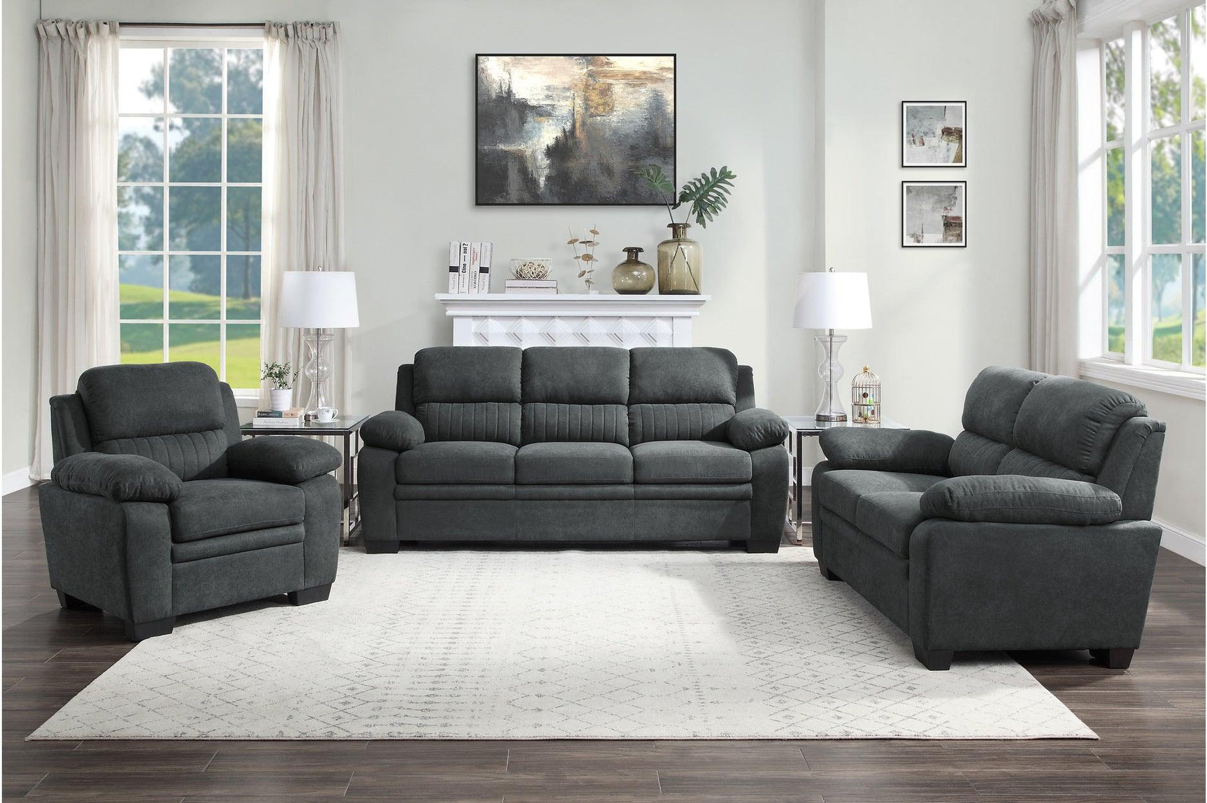 Side view of Holleman Dark Gray Fabric Sofa and Loveseat Set