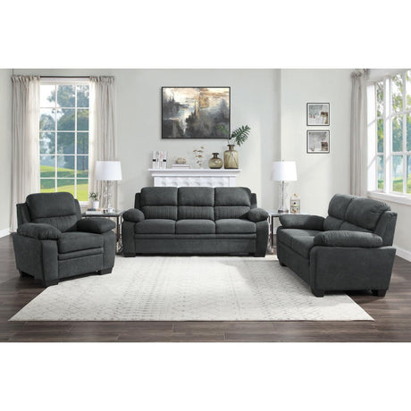 Side perspective of Holleman Dark Gray Upholstered Fabric Sofa cushions