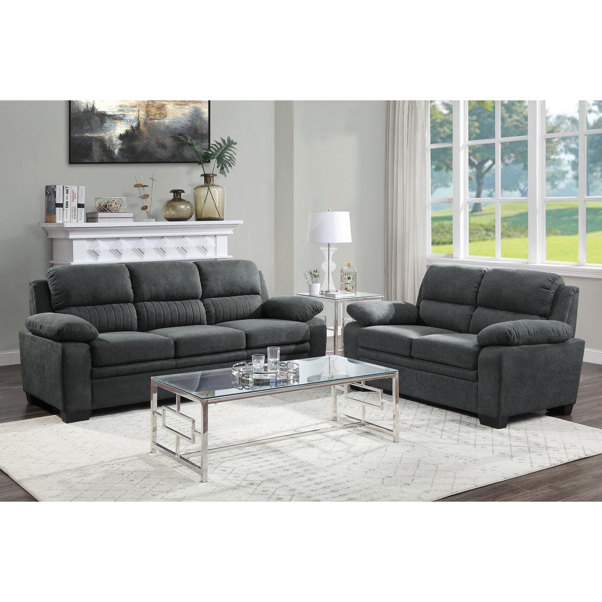 Holleman dark gray textured fabric loveseat seating detail