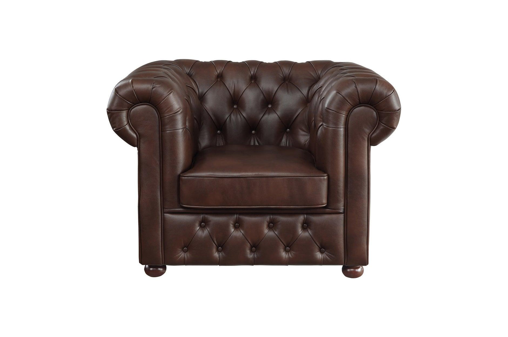 Close-up of sofa arm with tufted faux leather upholstery