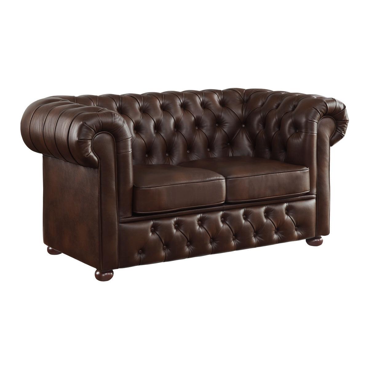 Tiverton Brown Faux Leather Tufted Loveseat side view showing rolled arm