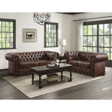 Tiverton Brown Faux Leather Tufted Sofa angled front view