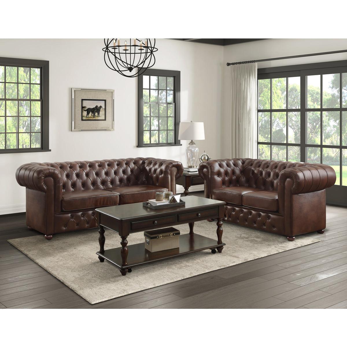 Tiverton Brown Faux Leather Tufted Sofa angled front view