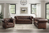 Side view of Tiverton brown faux leather tufted sofa and loveseat