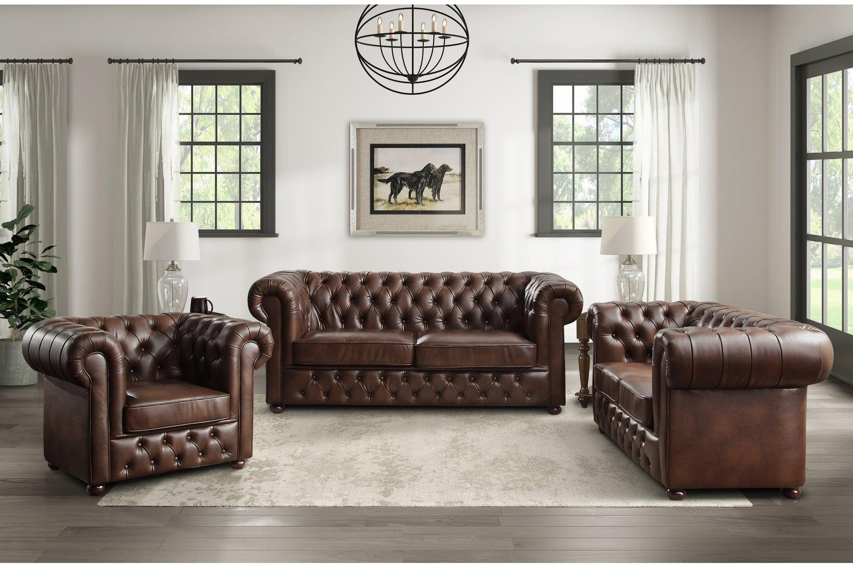 Side view of Tiverton brown faux leather tufted sofa and loveseat