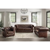 Tiverton Brown Faux Leather Tufted Loveseat close-up of button tufting detail