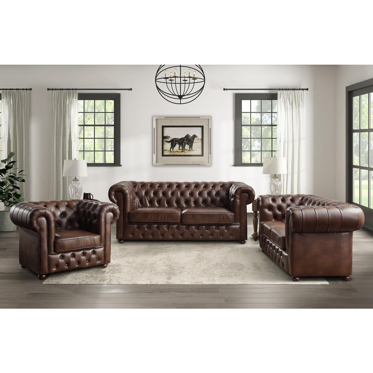 Tiverton Brown Faux Leather Tufted Loveseat close-up of button tufting detail