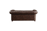 Side angle of Tiverton brown faux leather tufted loveseat