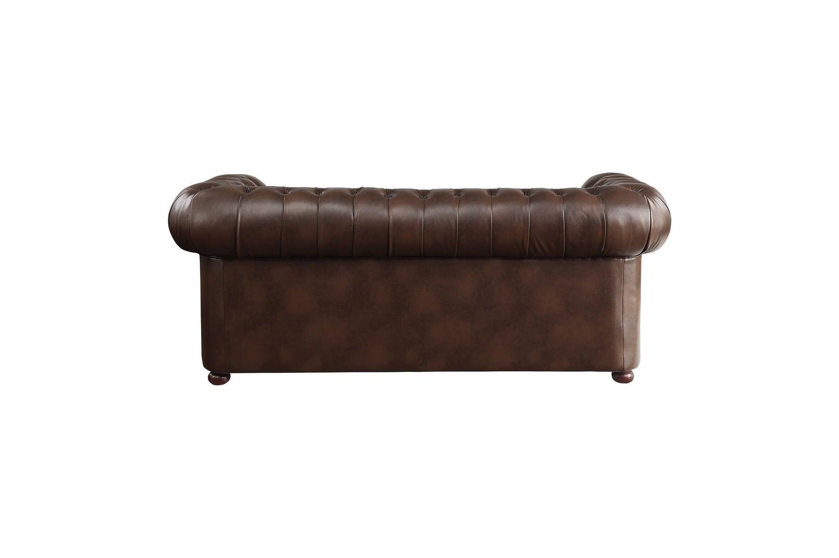 Side angle of Tiverton brown faux leather tufted loveseat