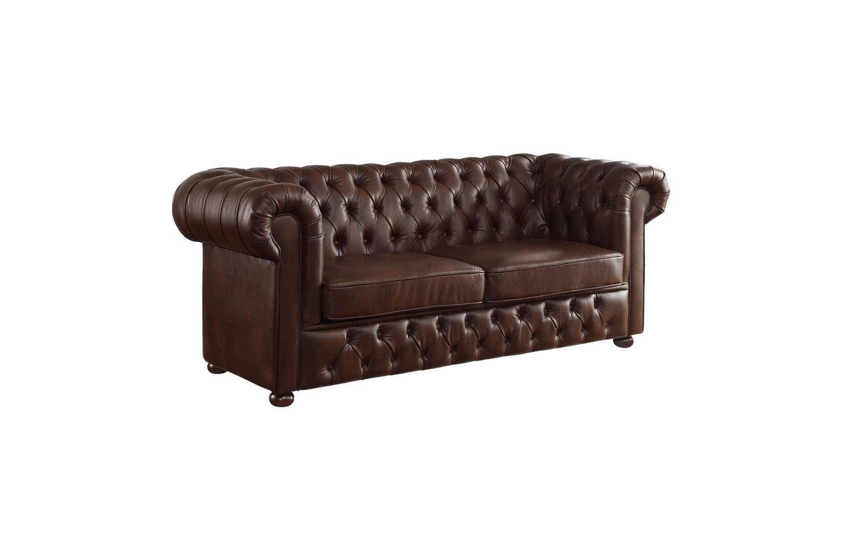 Main front view of Tiverton brown faux leather tufted sofa