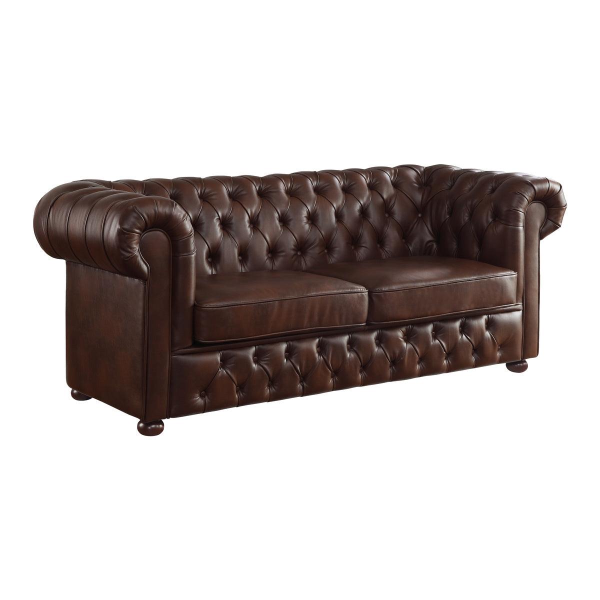 Tiverton Brown Faux Leather Tufted Sofa side angle