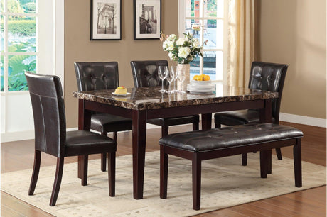 Teague Espresso Dining Room Set main view showing faux marble tabletop and tufted dining chairs