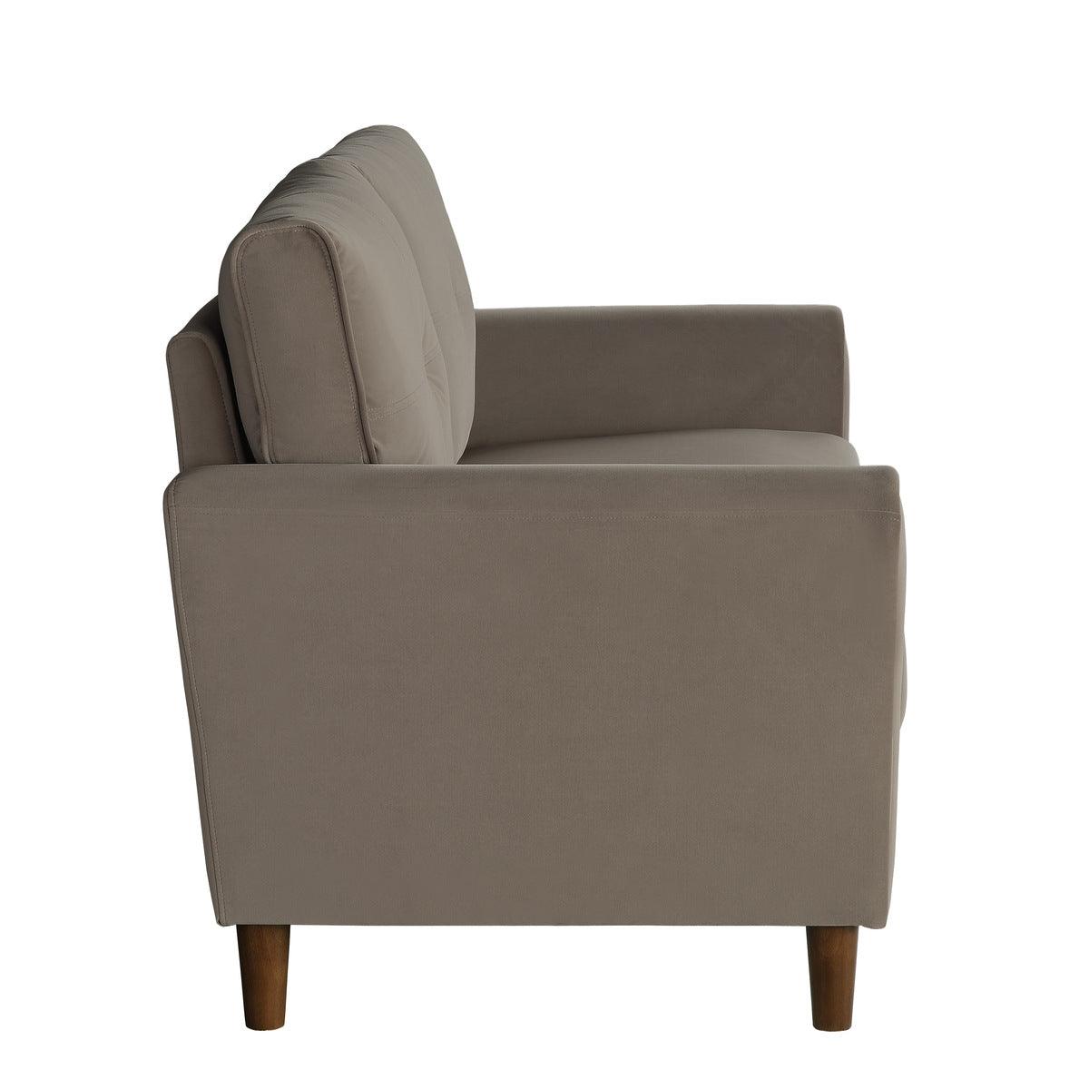 Dunleith Brown Velvet Upholstered Tufted Loveseat angled side view