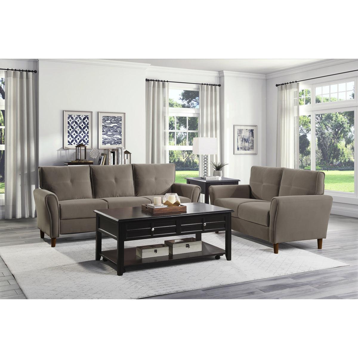 Dunleith brown velvet tufted sofa angled front view