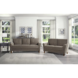 Dunleith Brown Velvet Upholstered Tufted Loveseat showing wood feet