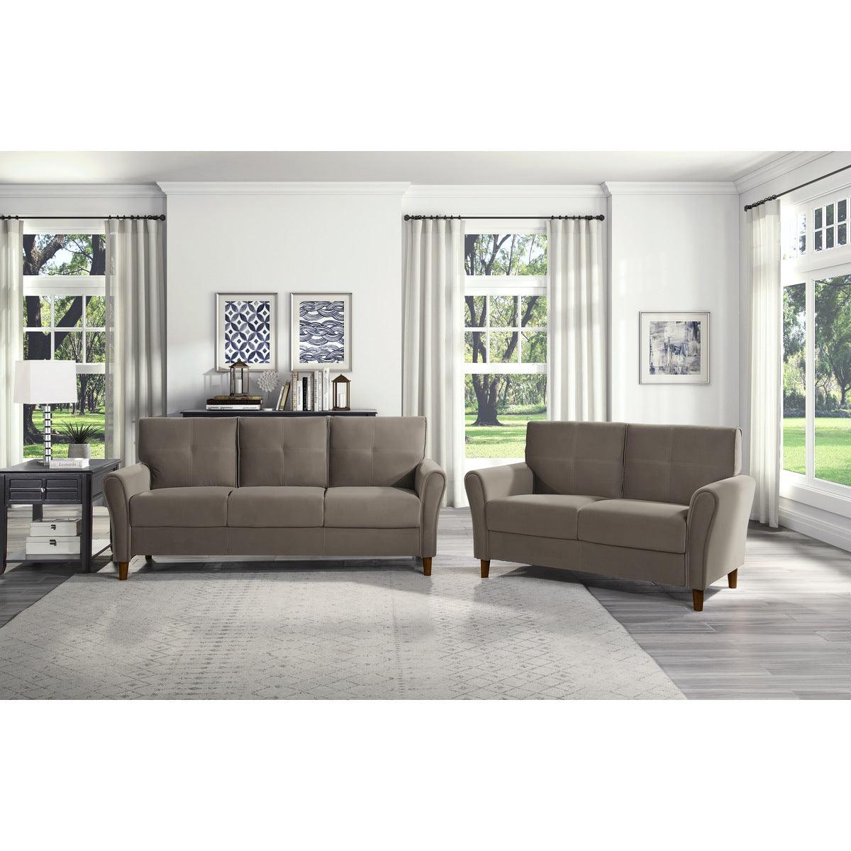 Dunleith Brown Velvet Upholstered Tufted Loveseat showing wood feet