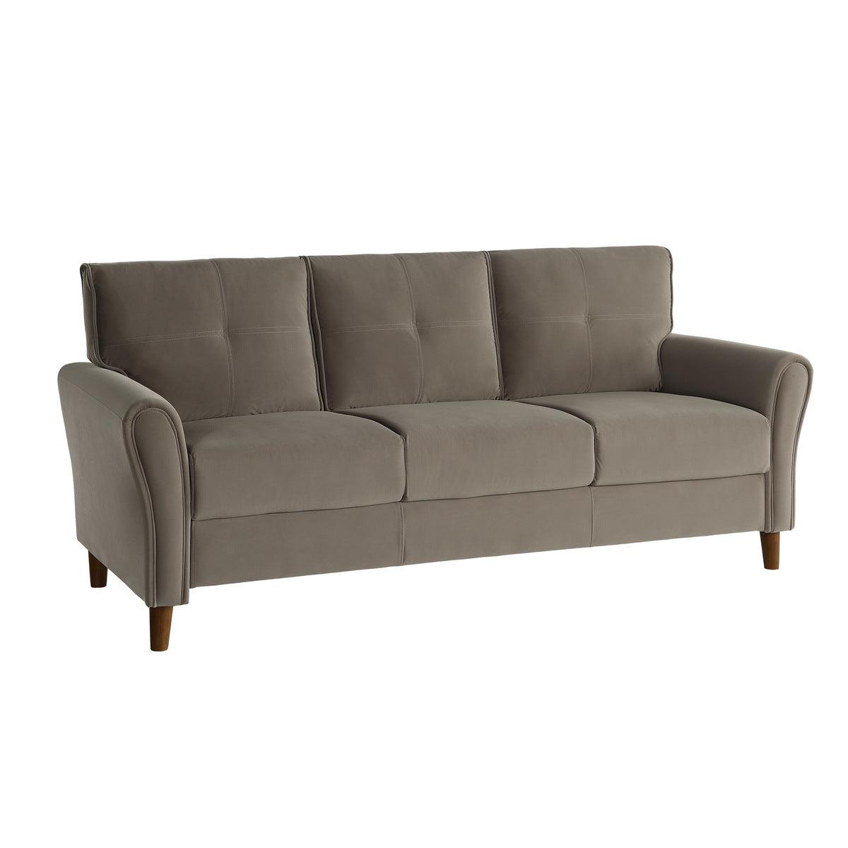 Dunleith brown velvet tufted sofa side view