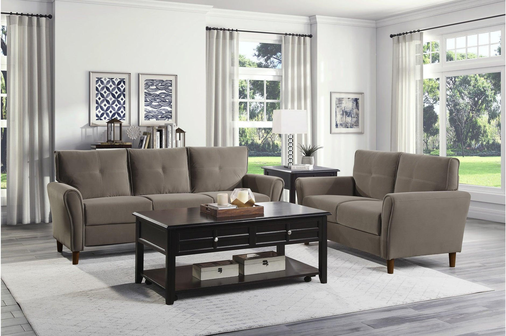 Dunleith brown velvet tufted sofa set main front view