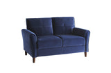 Front detail of Dunleith blue velvet tufted loveseat