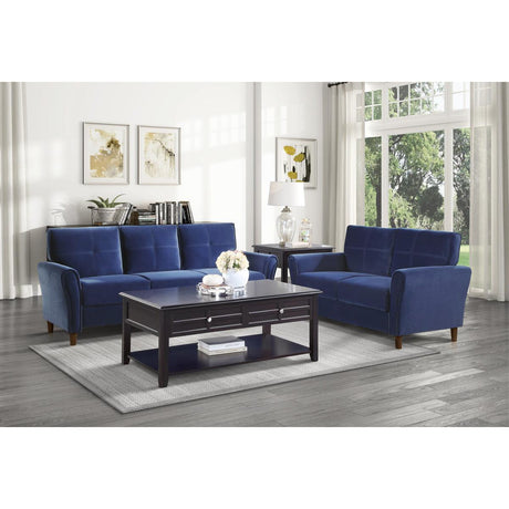 Dunleith Blue Velvet Loveseat with close-up on tufting