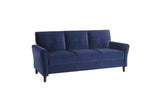 Front view of Dunleith blue velvet tufted sofa