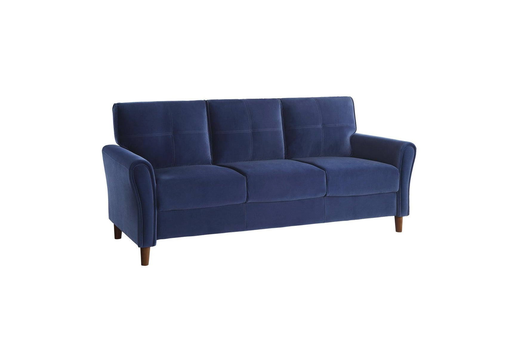 Front view of Dunleith blue velvet tufted sofa