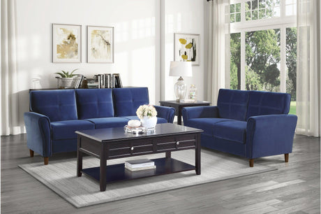 Dunleith blue velvet tufted sofa and loveseat set main view