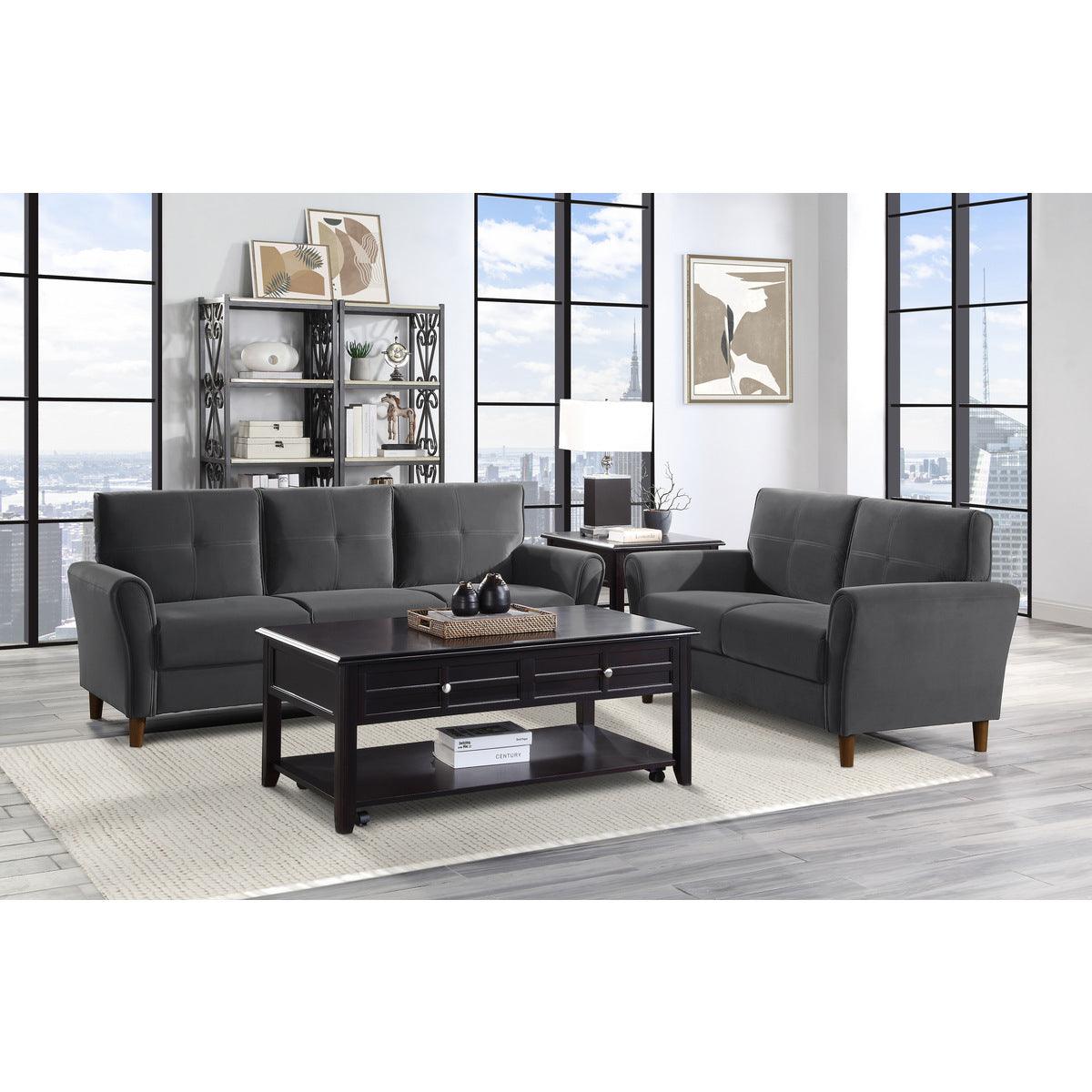 Main front perspective of Dunleith Gray Velvet Tufted Sofa