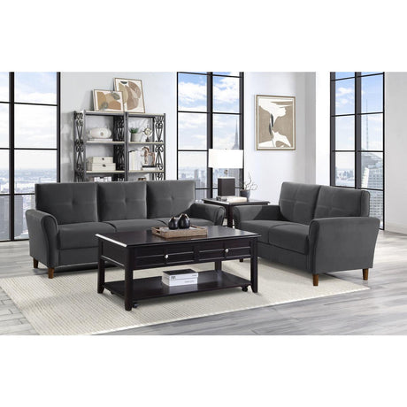 Dunleith Gray Velvet Tufted Loveseat close up of tufting