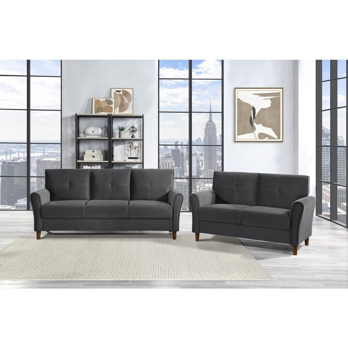 Side profile of Dunleith Gray Velvet Tufted Sofa
