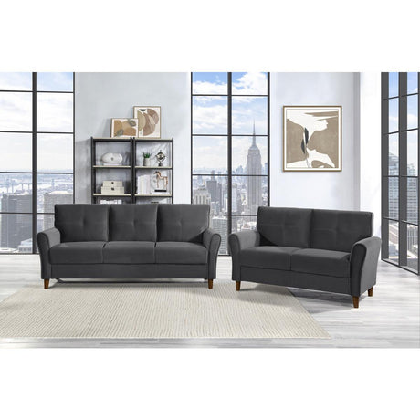 Dunleith Gray Velvet Tufted Loveseat showing walnut wood legs