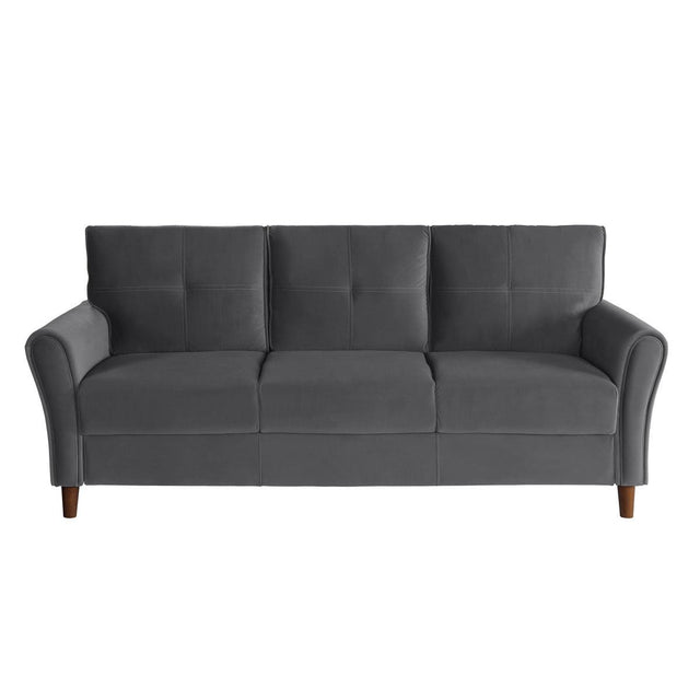 Front view of Dunleith Gray Velvet Tufted Sofa