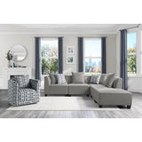 Jayne Gray gray fabric ottoman showing removable storage lid open