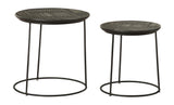 Loannis nesting tables showing embossed tribal design on mango wood tops