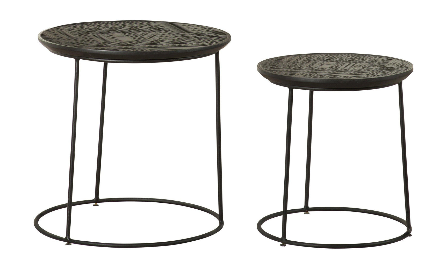 Loannis nesting tables showing embossed tribal design on mango wood tops