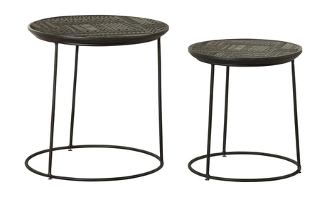 Loannis nesting tables showing embossed tribal design on mango wood tops