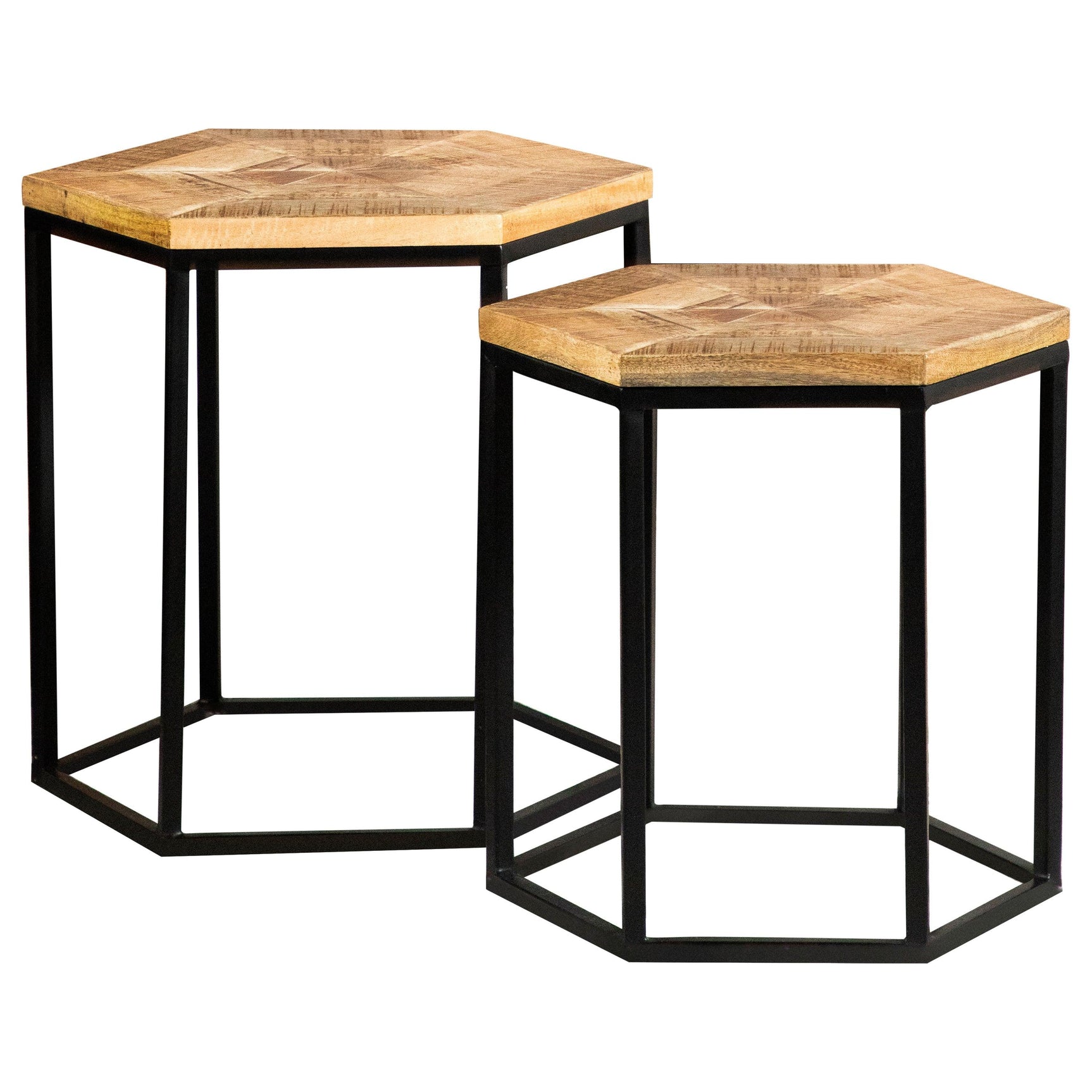 Adger 2-piece hexagon nesting tables side angle highlighting geometric frame and wood surface