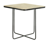 Elyna Square Accent Table side view highlighting skewed black iron base