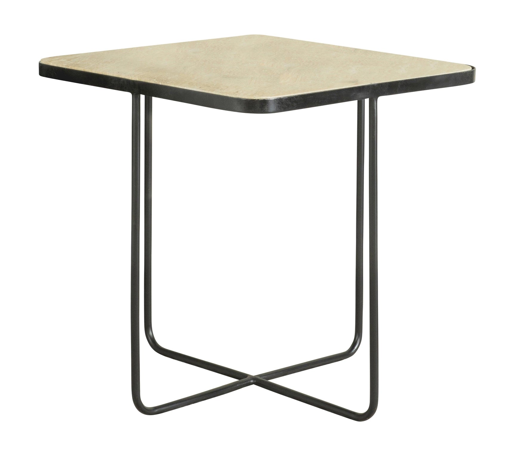 Elyna Square Accent Table side view highlighting skewed black iron base