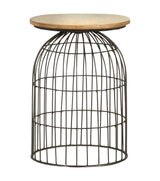 Bernardo Round Accent Table with natural beige marble top and gunmetal bird cage base - side view